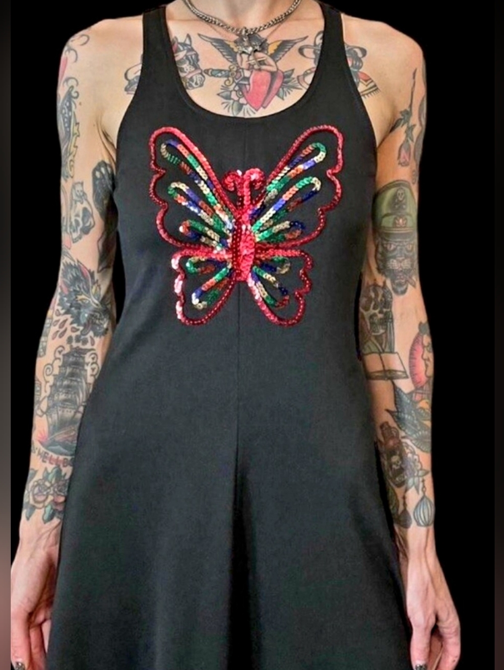 Black Tank Dress with Sequin Butterfly